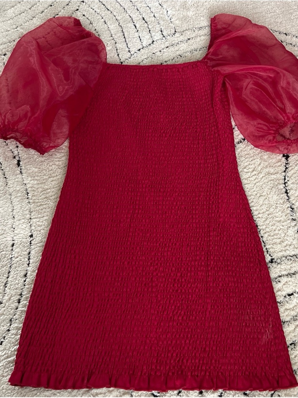 Forever 21 Red Smocked Mini Dress with Sheer Puff Sleeves